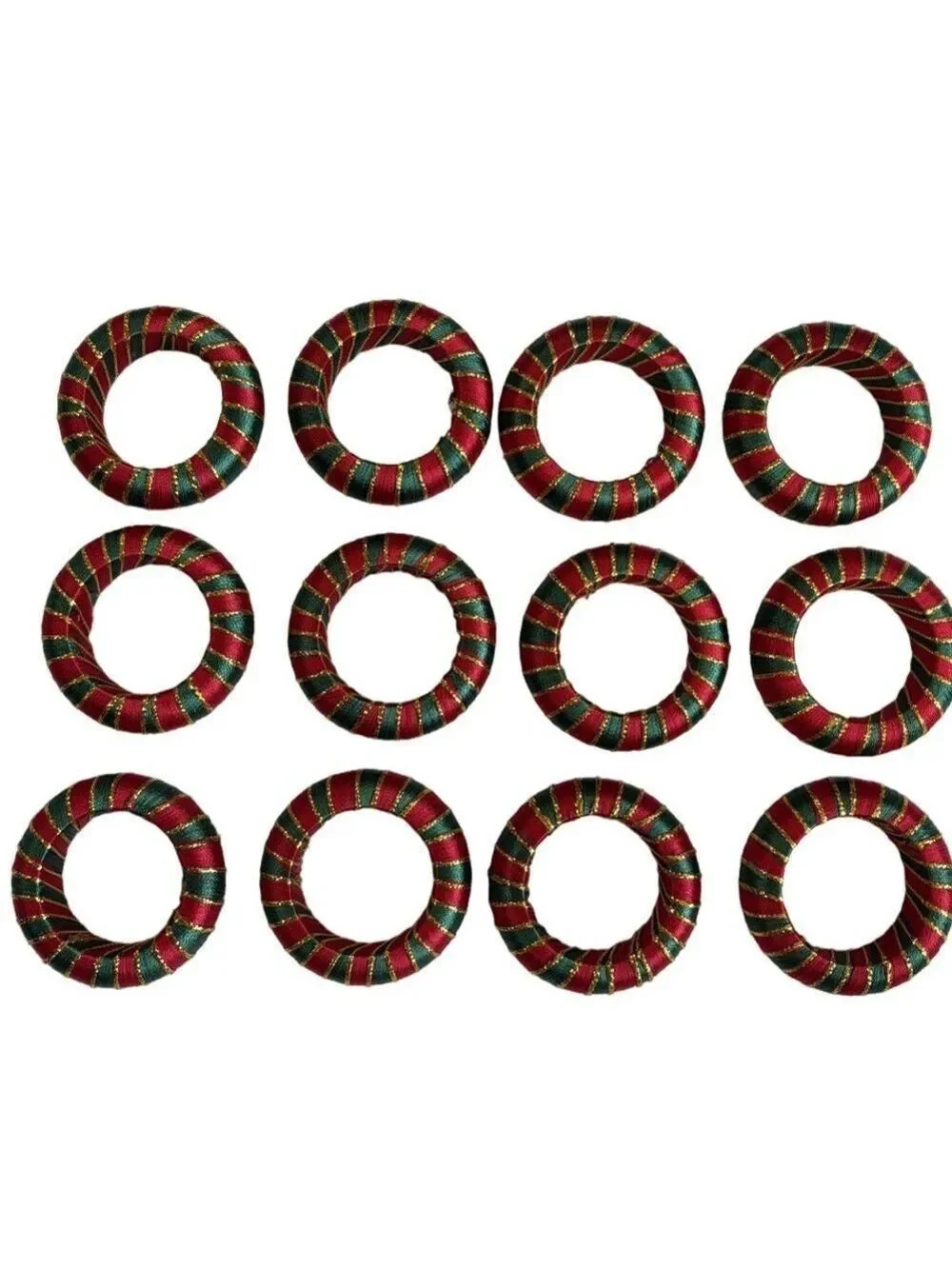 Festive Red and Green Striped Napkin Rings with metallic gold thread. Set of 12.